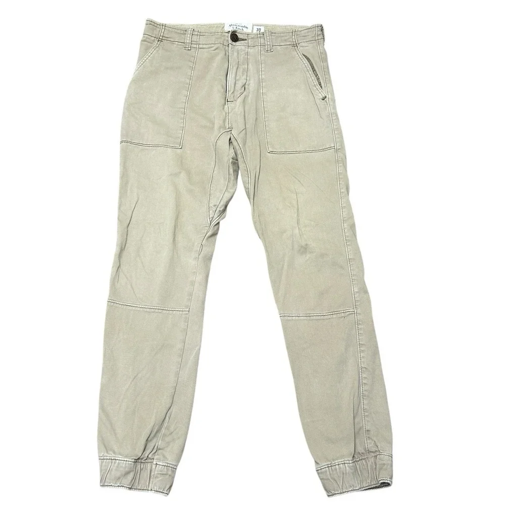 Men's Abercrombie & Fitch Cotton Drawstring Cargo Beige Joggers‎ Size 30x29
